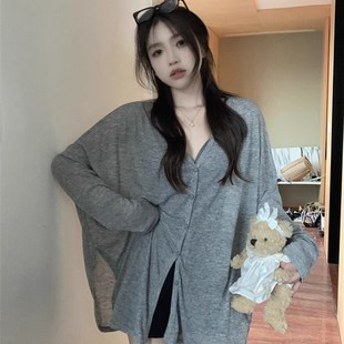 速发大码松弛感衫古慵色针织复2024新款灰懒风薄款外搭宽松罩衫上