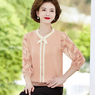 速发妈妈针织衫中袖t气上秋洋恤薄款打底衫中老年人装春衣小衫