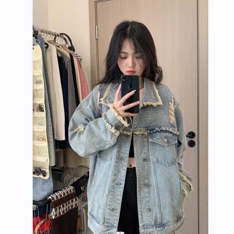 高货港风复古牛仔外套女秋季流苏破洞设计感小众宽松百搭夹克开衫