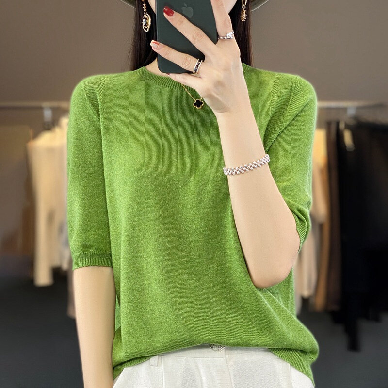 高货23春夏五分袖上衣精纺羊毛针织衫短袖女圆领一线成衣女士半袖