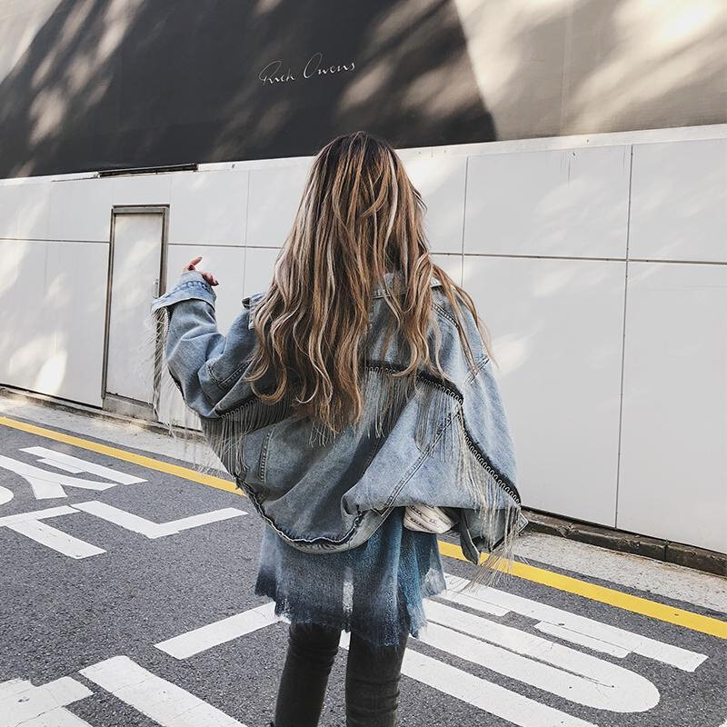 高货2024秋季新款宽松蝙蝠袖流苏毛边短款牛仔外套女韩版港味学院