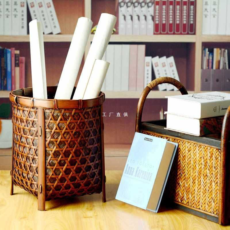 速发卷轴收纳筐字画桶防水防潮宣纸收纳桶书画筒桶圆形竹编收纳筐