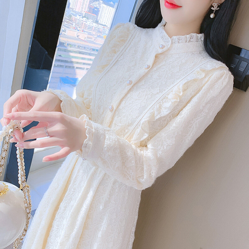 高货2024连衣裙女法式温柔风气质仙女裙收腰显瘦长裙蕾丝长袖连衣