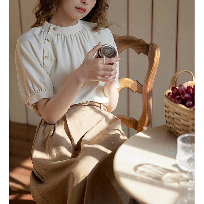 高货杏色醋酸缎面斜扣短袖衬衫女夏2024新款法式复古气质上衣个性