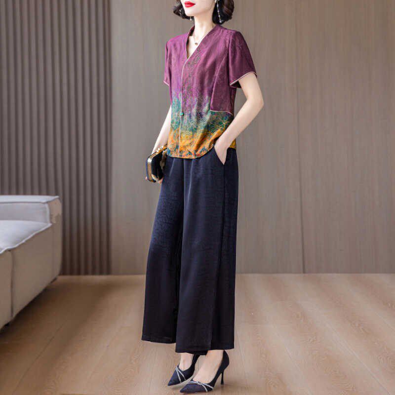 速发高端香云纱套装新中式真丝上衣两尚气腿妈妈龟纹阔质裤时件套