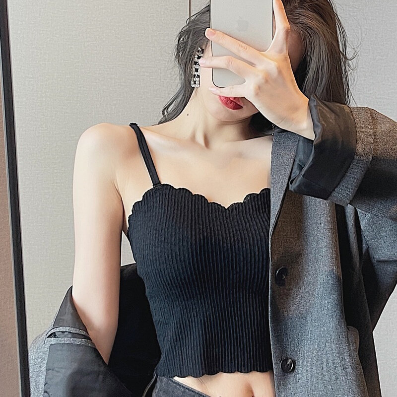 高货蕾丝美背小吊带背心女夏季带胸垫上衣设计感小众打底抹胸乳胶