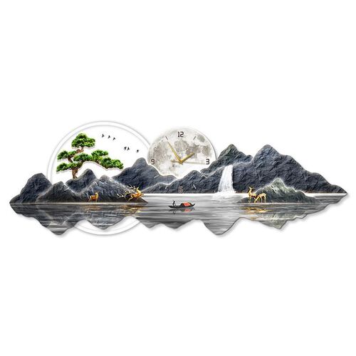 速发带钟表客厅装饰画简约轻奢沙发背景墙挂画寓意好山水画壁灯画
