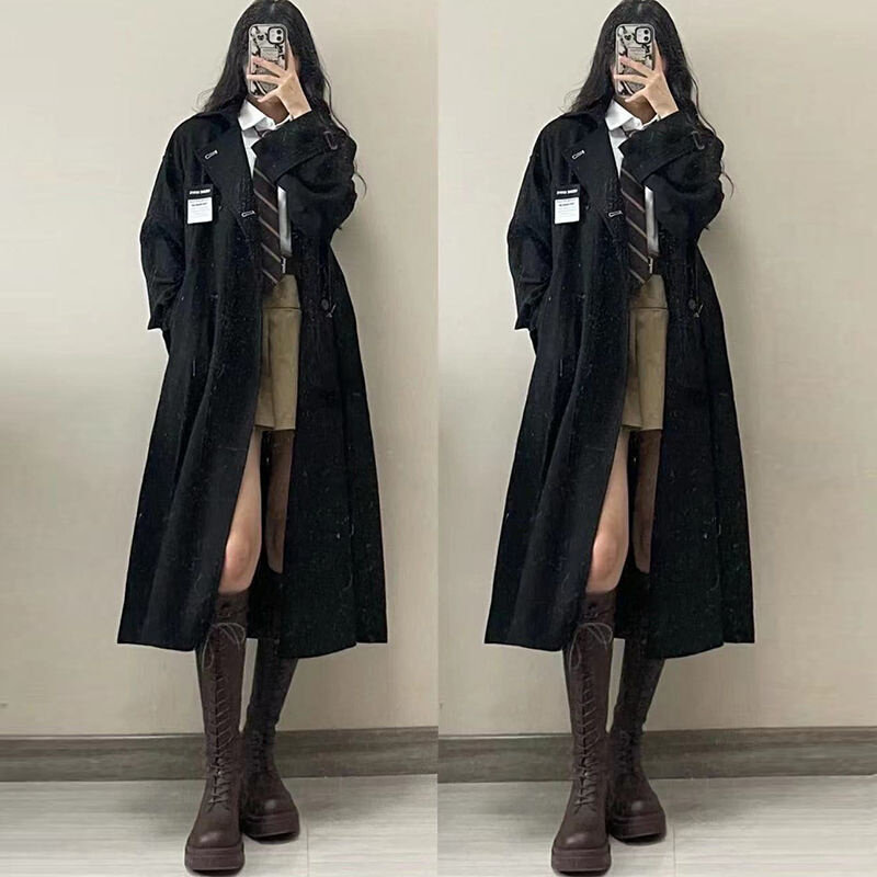 高货黑色风衣外套女2024秋新款韩版学生洋气中长款大衣流行时尚小
