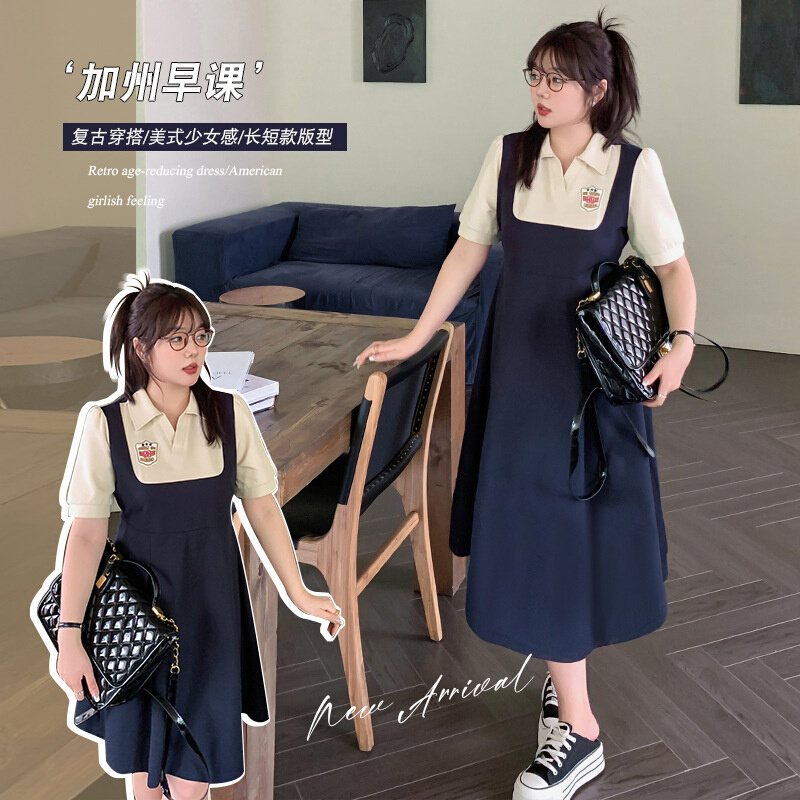 高货7671轩辰夏季新品大码胖mm撞色学院风元气俏皮连衣裙假两件套
