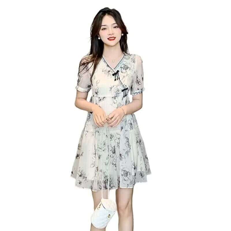高货新中式改良旗袍女年轻夏装新款日常国风水墨画盘扣连衣裙