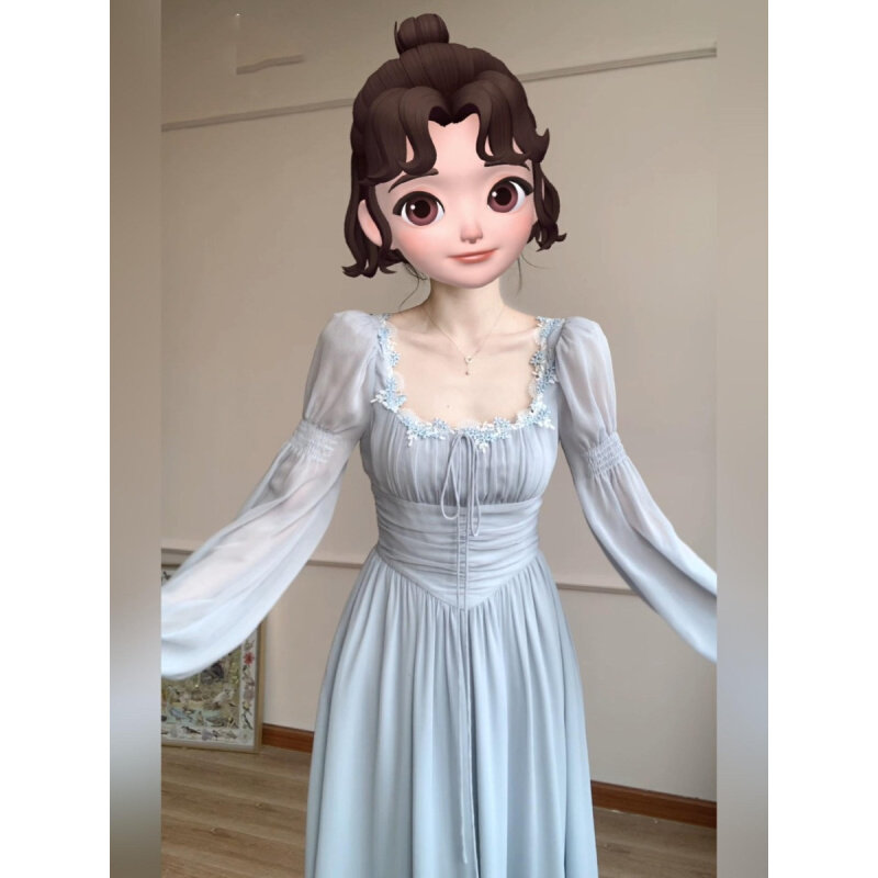 高货蓝色泡泡袖连衣裙女秋季法式收腰a字裙质感方领仙女长裙子