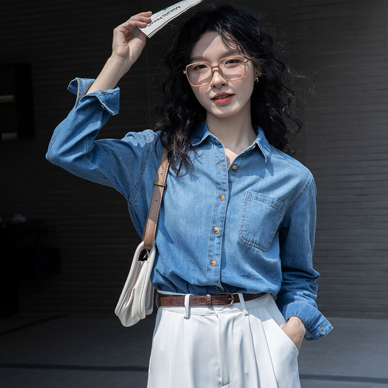 高货春秋渐变色蓝色复古港风软牛仔外套衬衫女内搭叠穿正肩小个子
