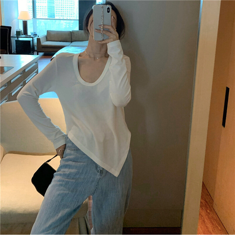 高货不规则白色修身长袖T恤女2024秋装新款设计感学生内搭打底衫