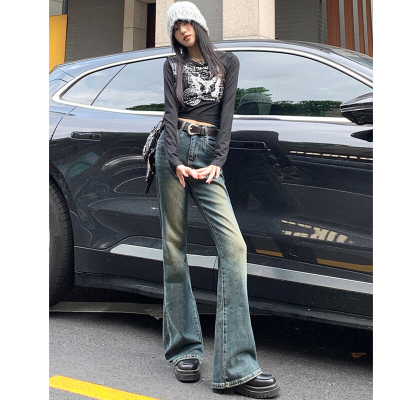 高货高腰微喇牛仔裤女时尚做旧辣妹修身显瘦百搭垂坠感复古牛仔阔