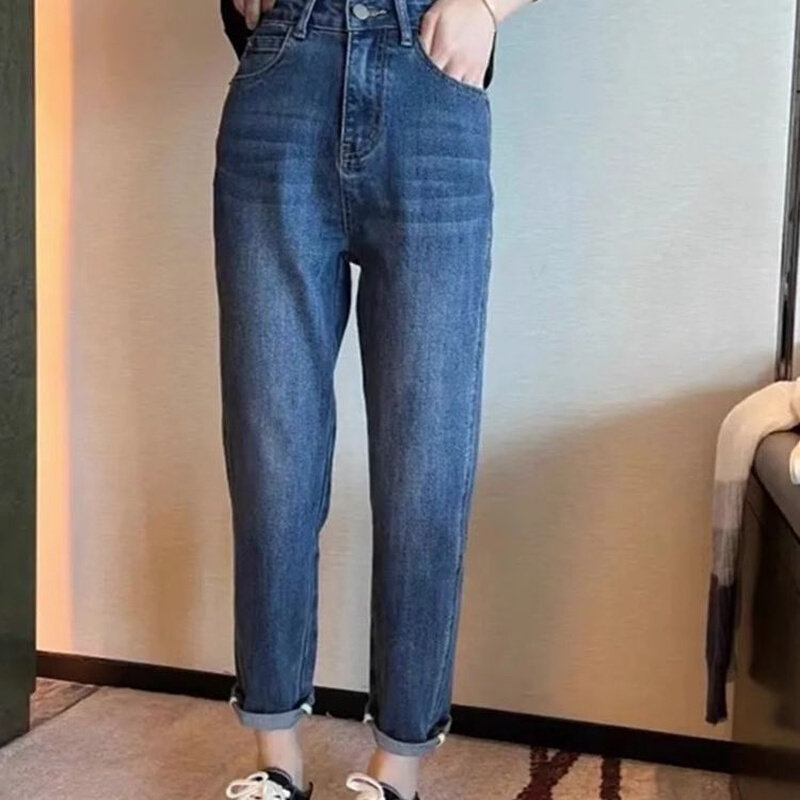 高货大码胖mm牛仔裤女春秋弹力显瘦老爹裤梨形身材遮胯裤子宽松牛