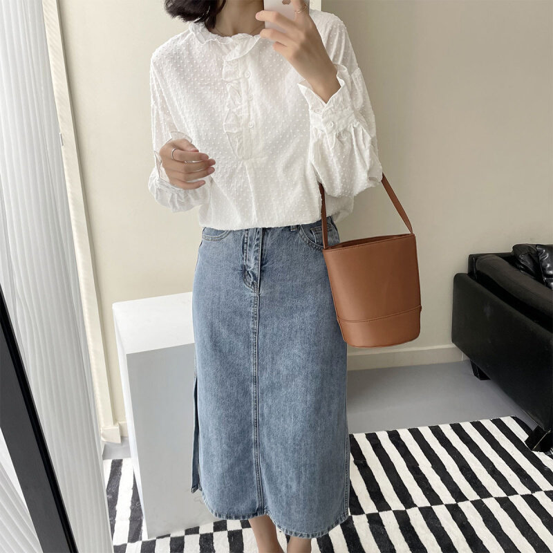 高货高货甜美花边领衬衫2024秋装新款半开扣套头长袖衬衣女303-18