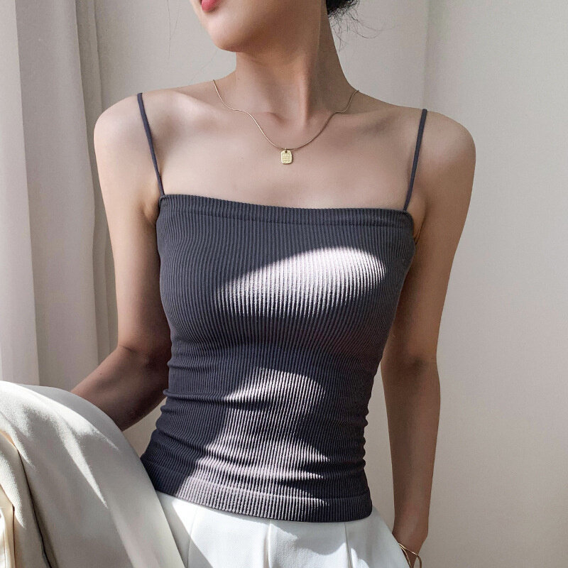 高货细带吊带背心打底衫内搭欧美风外穿遮副乳带胸垫抹胸女夏美背
