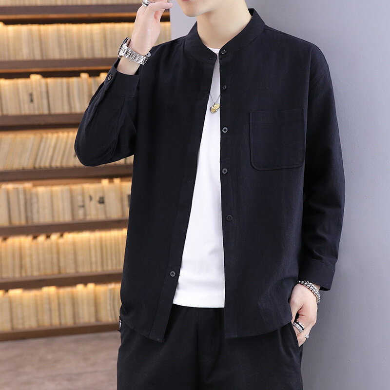 高货男装纯色商务立领男衬衫长袖潮流修身休闲男士薄款衬衫防皱上