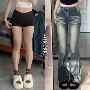 速发美式复古毛蹄微牛仔裤梨季大码高腰春形身材马边裤