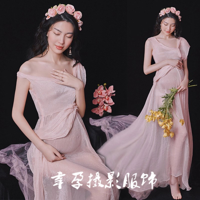 速发孕妇照服术影裙新款法式复古粉色纱楼仙唯美孕妈艺装照摄影