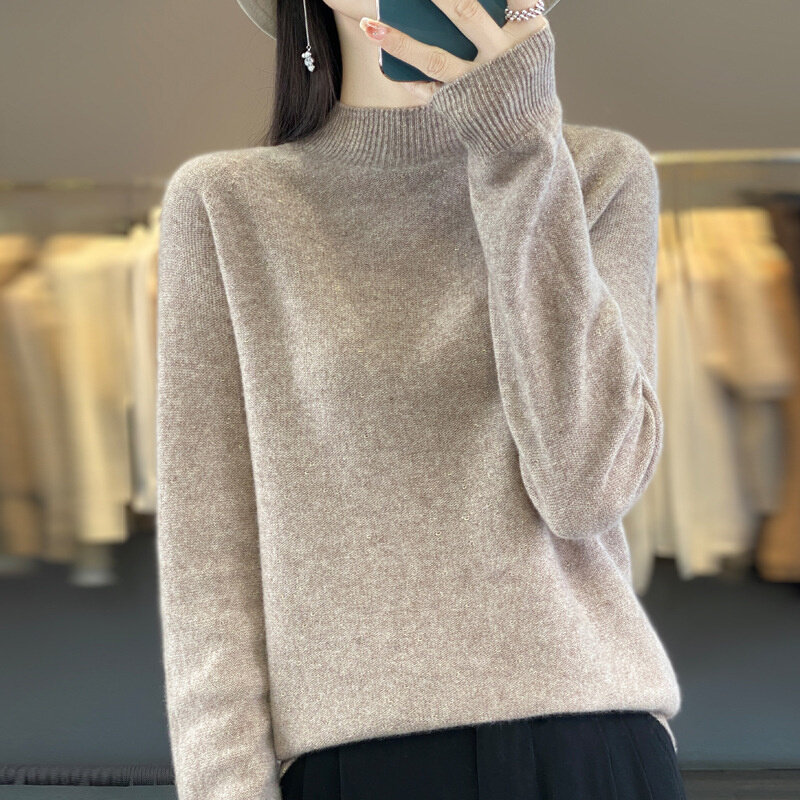 高货一线成衣100纯羊毛衫女半高领宽松内搭针织亮丝时尚洋气打底