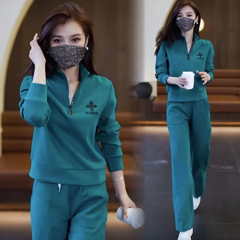 高货时尚大码运动服套装早秋穿搭胖妹妹宽松显瘦休闲立领长袖两件