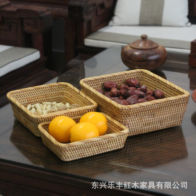速发手作编织越南客编果盘方盘方形点心收水果盘收纳篮复古藤厅盘