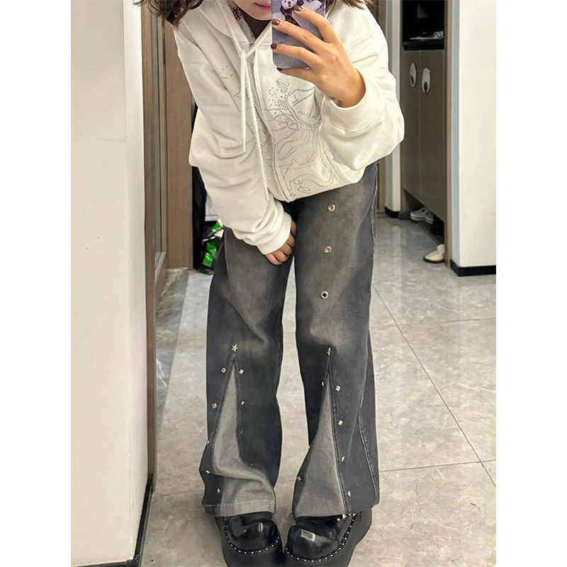 速发特辣码装美式大妹计星铆钉牛仔裤秋冬设星感阔腿裤子,女装/女士精品,大码裤装,淘宝优惠券,粉丝福利购,淘宝优惠卷