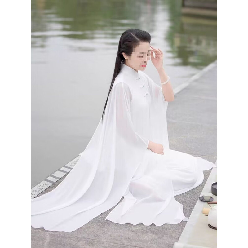 高货文艺复古茶服女装仙气禅舞服白色瑜伽打坐居士服禅修连衣裙两