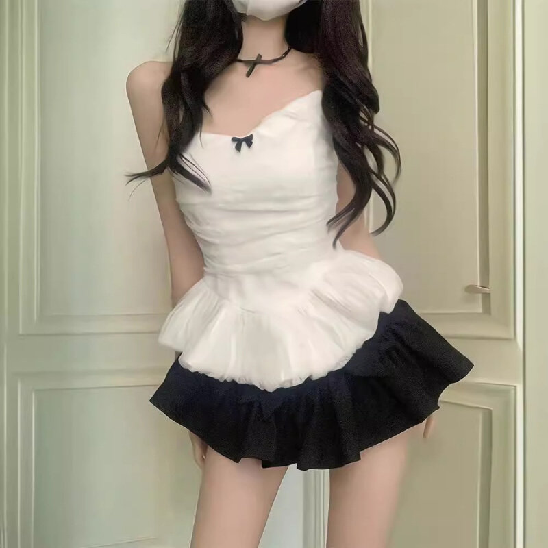高货纯欲辣妹套装女2024夏季韩版修身显瘦抹胸黑色高腰短裙裤两件
