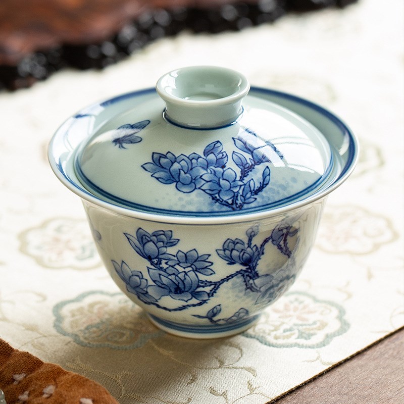 速发景德镇白烫人手绘玉兰花盖碗茶杯老瓷带盖泡茶杯防匠敬茶碗高