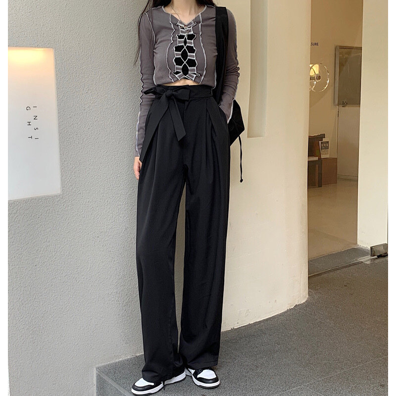 高货西裤面料秋季宽松垂感阔腿裤女复古风绑带休闲长裤高腰直筒裤