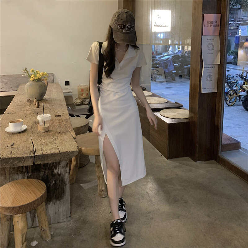 高货复古polo领短袖连衣裙韩版修身显瘦不规则开叉包臀长裙