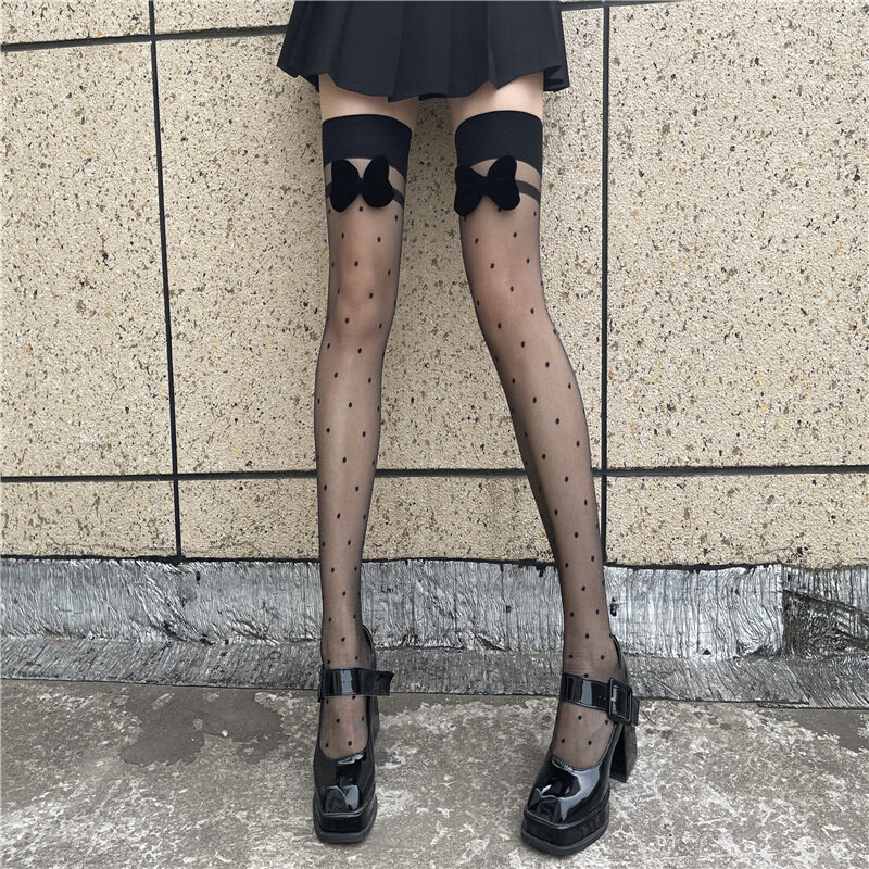 高货新款大腿蝴蝶结过膝袜子长筒袜薄款纯欲波点性感黑丝袜百搭显