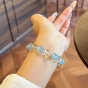 【纯手工制作】白水晶手串海宝蓝纯净高透天然水晶手链女蓝色小众