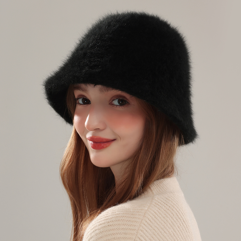ZNHN秋冬新款长毛兔毛盆帽渔夫帽黑色保暖女毛绒水桶帽礼物礼盒装