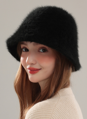 ZNHN秋冬新款长毛兔毛盆帽渔夫帽黑色保暖女毛绒水桶帽礼物礼盒装