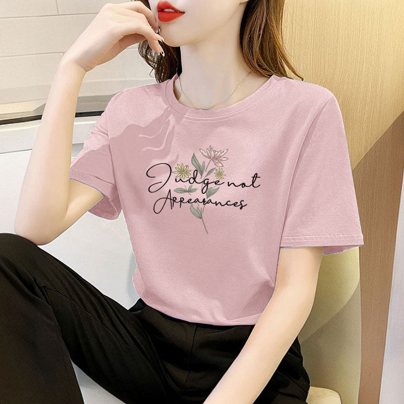 粉色纯棉短袖t恤女夏装2025新款宽松文艺休闲创意气质圆领上衣潮