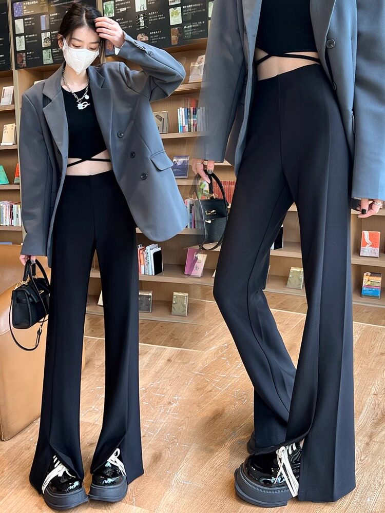 黑色微喇开叉裤子女春秋2025年新款高腰休闲显瘦垂感拖地阔腿长裤
