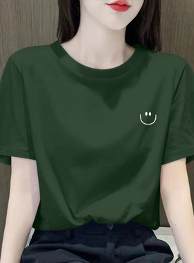 墨绿色纯棉短袖t恤女夏装2025新款宽松正肩休闲显瘦百搭半袖上衣