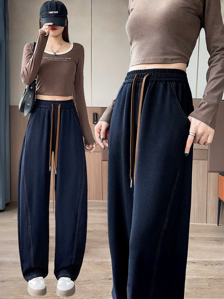 直筒弯刀牛仔裤女秋冬2025年新款松紧腰抽绳设计感加绒香蕉阔腿裤