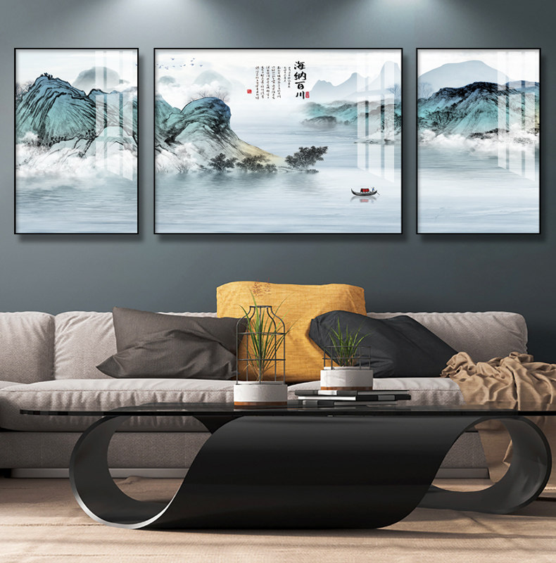 海纳百川新中式装饰画客厅沙发背景墙画现代山水晶瓷画餐厅壁挂画