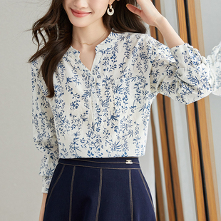 新中式 中式 国风衬衫 衬衣女新款 V领宽松上衣女 女纯棉长袖 2025春季