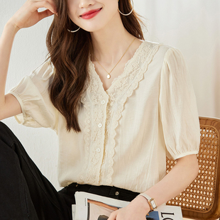 新款 女2024年夏季 衬衣百搭简约上衣 田园高级蕾丝花边V领衬衫 法式