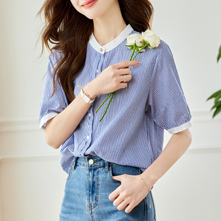 宽松撞色圆领上衣衬衣休闲百搭显瘦 2024夏新款 蓝色条纹衬衫 女短袖