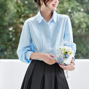 女减龄显瘦 风琴褶刺绣设计感翻领衬衫 爆款 自留提花刺绣蓝衬衫