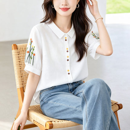 简约清新文艺翻领刺绣亚麻短袖衬衫女夏韩系减龄洋气通勤衬衣