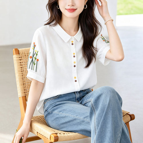 夏季韩系文艺刺绣短袖女衬衫