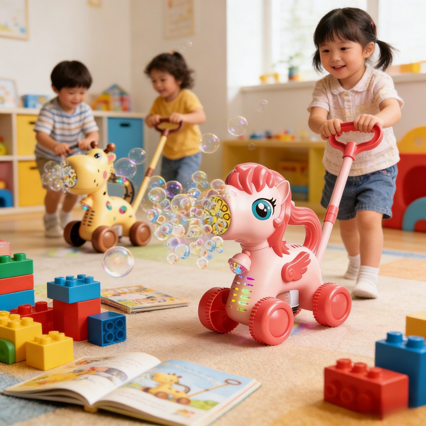 儿童卡通小鹿手推泡泡机学步推车二合一电动吹泡泡车灯光户外玩具