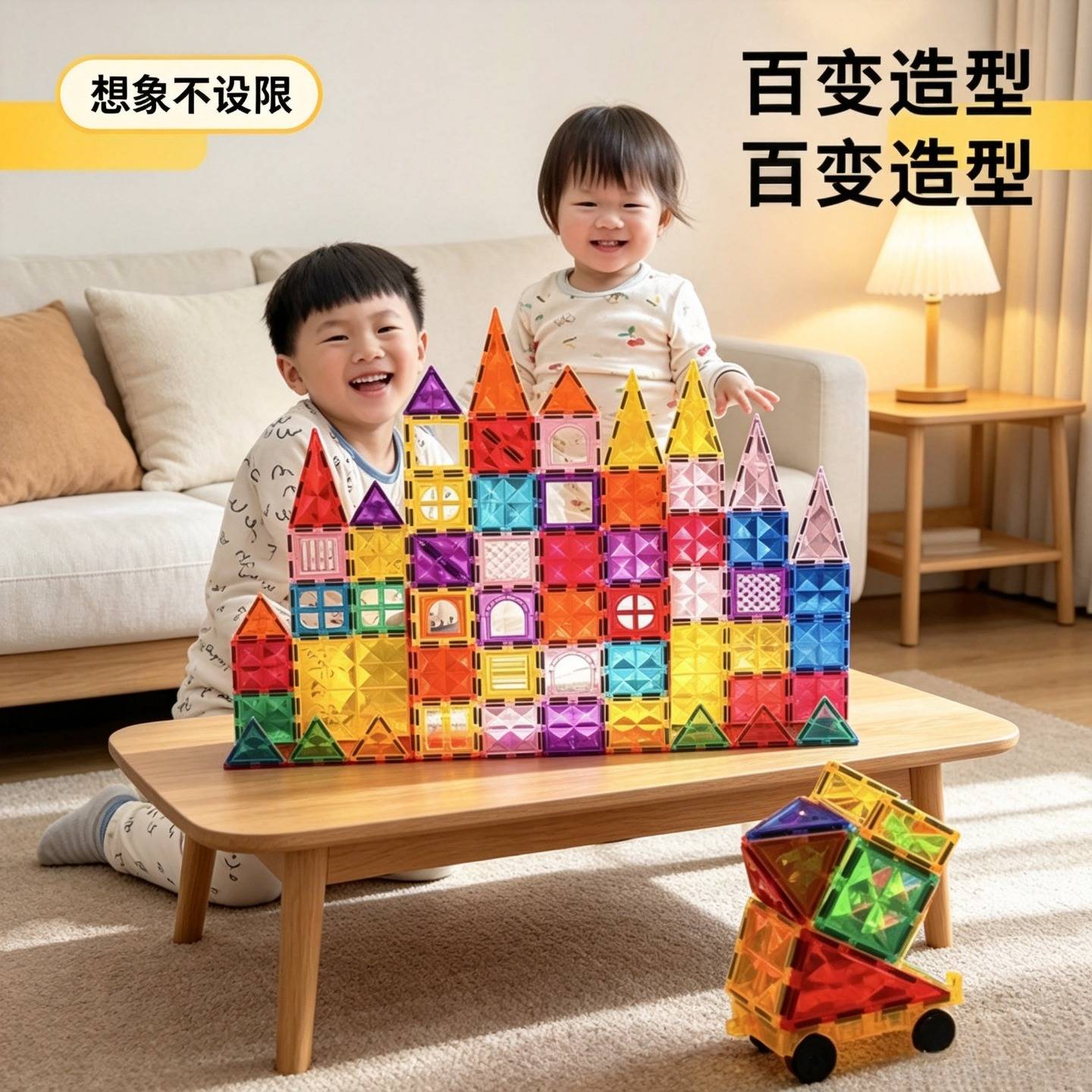 钻面彩窗摩天轮磁力片儿童益智百变拼装磁力积木拼图玩具100片